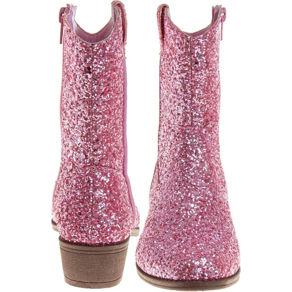 🆕Girls Pink Glitter Manmade Glitter Cowgirl Mid Calf Cowboy Western Boots